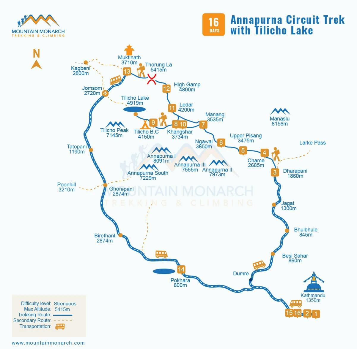 trek map of Annapurna circuit and Tilicho lakes